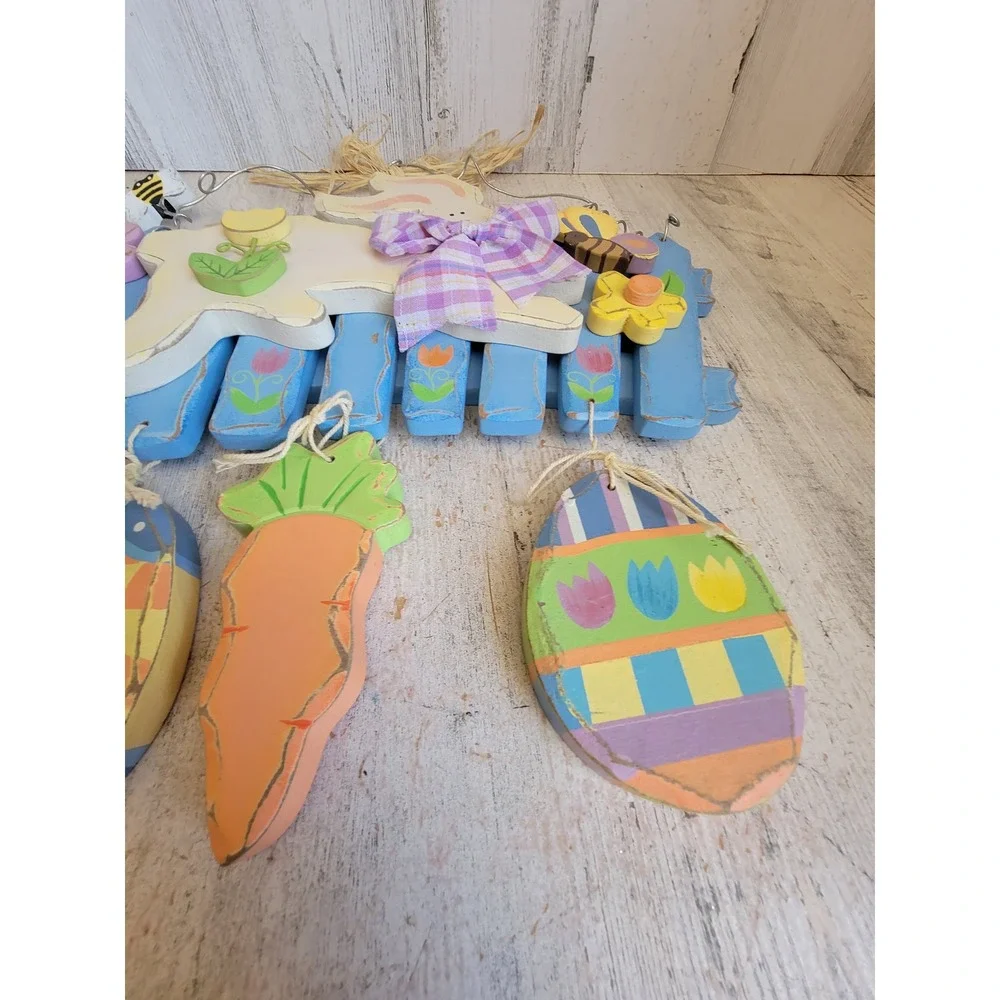 Easter bunny hop spring wooden egg wall hanging home decor flower rabbit